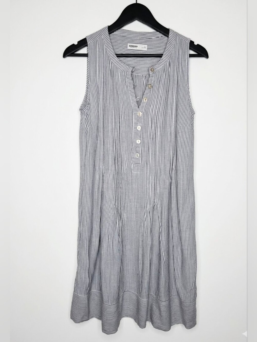 Sonoma Navy and White Linen Striped Sleeveless Button-Front Henley Dress - SP